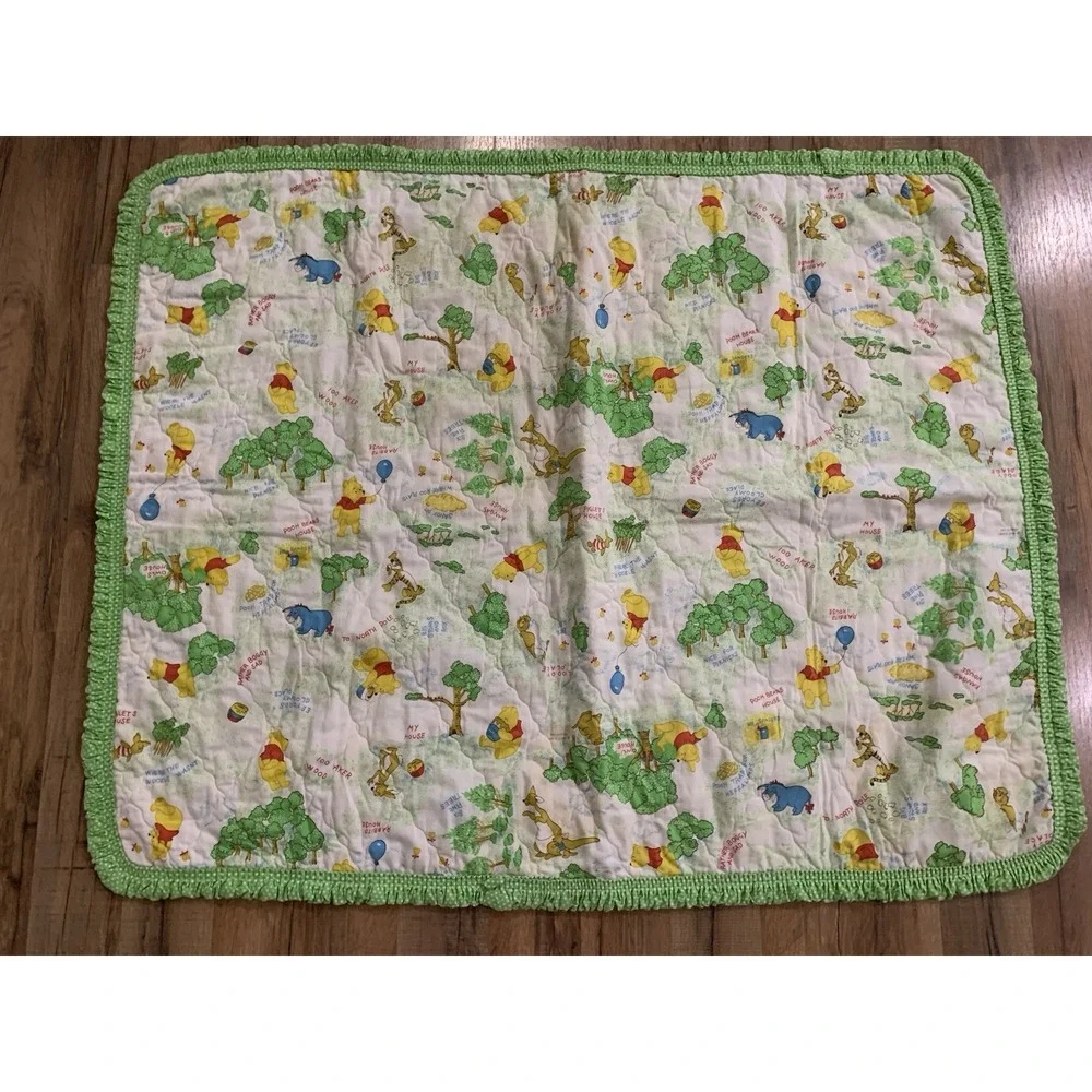 Sears Winnie the Pooh 100 Acre Woods Quilted Baby Crib Blanket Ruffled VTG 1980s